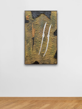 Edoardo Caimi's artwork Visione 1 (Luce alta), 2022, made of iron, earth, spray and faux leather, 100 X 60 Installation view of last exhibition at the gallery