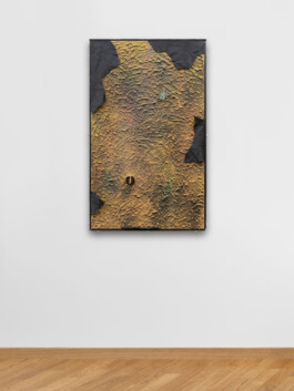 Edoardo Caimi's artworks Visione 1 (Vespro), 2022 , made of iron, earth, spray, faux leather and tangerines, 100 x 60 cm Installation view of last exhibition at the gallery