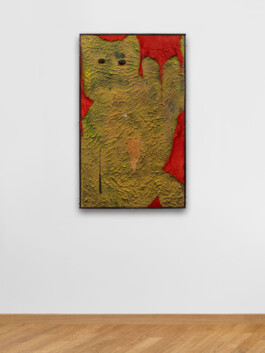 Edoardo Caimi, Visione 1 (Luce alta), 2022, iron, earth, spray and faux leather, 120 X 70 cm Installation view of last exhibition at the gallery