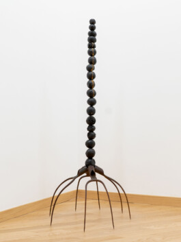Ragno, sculpture made by Edoardo Caimi in 2021; made of iron, charred tangerines, gallows Installation view of last exhibition at the gallery