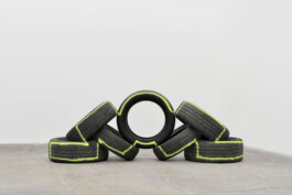 Untitled is a Site-specific project (2019) by Edoardo Caimi, made of tyres and spray paint Installation view of last exhibition at the gallery