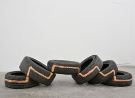 Untitled is a Site-specific project (2019) by Edoardo Caimi, made of tyres and spray paint Installation view of last exhibition at the gallery
