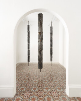 Nicola Ghirardelli's sculptures, Sicomoro (1), (2), (3), made of Terracotta, silver, iron, snails, hanging in the air, 2024. Sicomoro (2024), is de facto one of the main installations within the exhibition. The work is composed of four terracotta trees, produced using the bucchero technique - a firing process in the absence of oxygen, which, thanks to the combustion of wood, branches and sawdust, allows ferrous oxide to develop, producing a characteristic metallic black colour on the sculptures. Installation view of last exhibition at the gallery