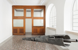 Installation view of the solo show of Nicola Ghirardelli, Named Giardino in cenere at The Address, 2024. Sicomoro (2024), is de facto one of the main installations within the exhibition. The work is composed of four terracotta trees, produced using the bucchero technique - a firing process in the absence of oxygen, which, thanks to the combustion of wood, branches and sawdust, allows ferrous oxide to develop, producing a characteristic metallic black colour on the sculptures. Installation view of last exhibition at the gallery