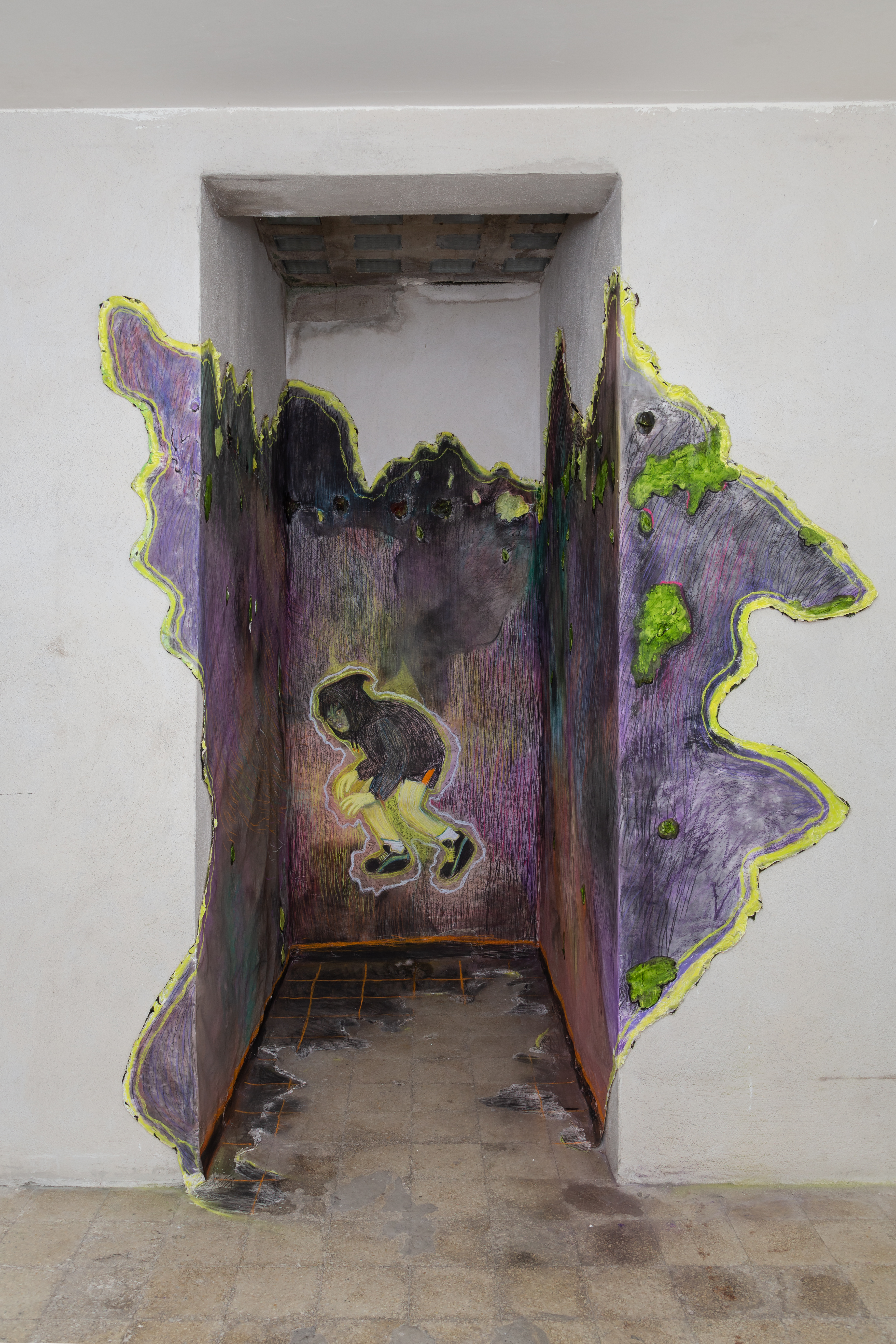 Giuliana Rosso, Danza sull’erba, 2018, chalk and charcoal on paper, site - specific project Installation view of last exhibition at the gallery