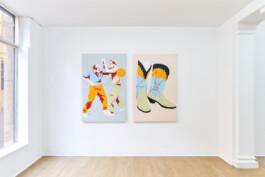 viewing of the installation with two works by Oliviero Fiorenzi on the wall, depicting cowboy boots and two boys playing basketball in bright tones Installation view of last exhibition at the gallery