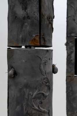 Sicomoro (2024), is de facto one of the main installations within the exhibition. The work is composed of four terracotta trees, produced using the bucchero technique - a firing process in the absence of oxygen, which, thanks to the combustion of wood, branches and sawdust, allows ferrous oxide to develop, producing a characteristic metallic black colour on the sculptures. Installation view of last exhibition at the gallery