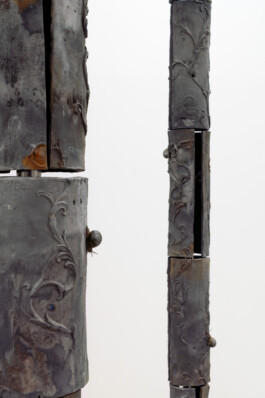 Sicomoro (2024), is de facto one of the main installations within the exhibition. The work is composed of four terracotta trees, produced using the bucchero technique - a firing process in the absence of oxygen, which, thanks to the combustion of wood, branches and sawdust, allows ferrous oxide to develop, producing a characteristic metallic black colour on the sculptures. Installation view of last exhibition at the gallery