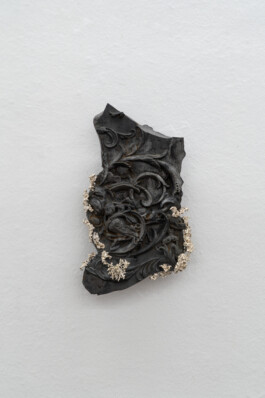 Nicola Ghirardelli, Petricore (2), 2024 Terracotta finished with bucchero technique, silver and iron 37 × 22 × 8 cm; the artworks are produced using the bucchero technique - a firing process in the absence of oxygen, which, thanks to the combustion of wood, branches and sawdust, allows ferrous oxide to develop, producing a characteristic metallic black colour on the sculptures. Installation view of last exhibition at the gallery