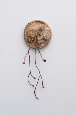Nicola Ghirardelli, Figli di Horo, 2024 Bronze, copper and silver 43 × 15 × 8 cm. The artwork consists of four circular plaques mounted on a white wall, each adorned with organic, branch-like elements protruding from them. The plaques seem to be made of a material resembling clay or plaster, with intricate details and textures that give them a natural, earthy feel. The branches attached to each plaque vary in form and complexity, adding a dynamic and somewhat fragile appearance to the overall installation. Installation view of last exhibition at the gallery