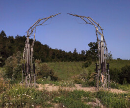 Nicola Ghiradelli, Le Ombre Lunghe Della sera, Arco, 2023, aluminum, terracotta and steel, site specific project Installation view of last exhibition at the gallery