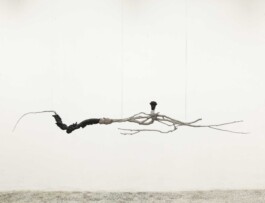 Nicola Ghirardelli, Se non bruciamo come si illuminerà la notte? (II), 2022, terracotta with bucchero technique and aluminum, 250x60x40 cm Installation view of last exhibition at the gallery